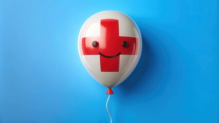 Naklejka premium A white balloon with a red cross design and a cheerful smile, floating against a bright blue background.