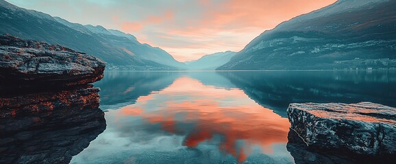 Serene sunset over calm lake reflecting mountains.
