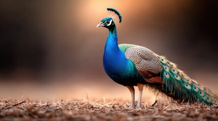 A magnificent peacock posing beautifully amongst fallen leaves, showcasing its iridescent feathers and striking colors, blending nature with elegance and serenity.