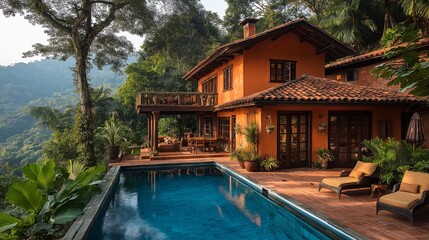 Luxurious villa in Costa Rica surrounded by lush greenery featuring a pool and outdoor terrace. Concept of tropical living reflects beauty of Costa Rica's natural landscapes.
