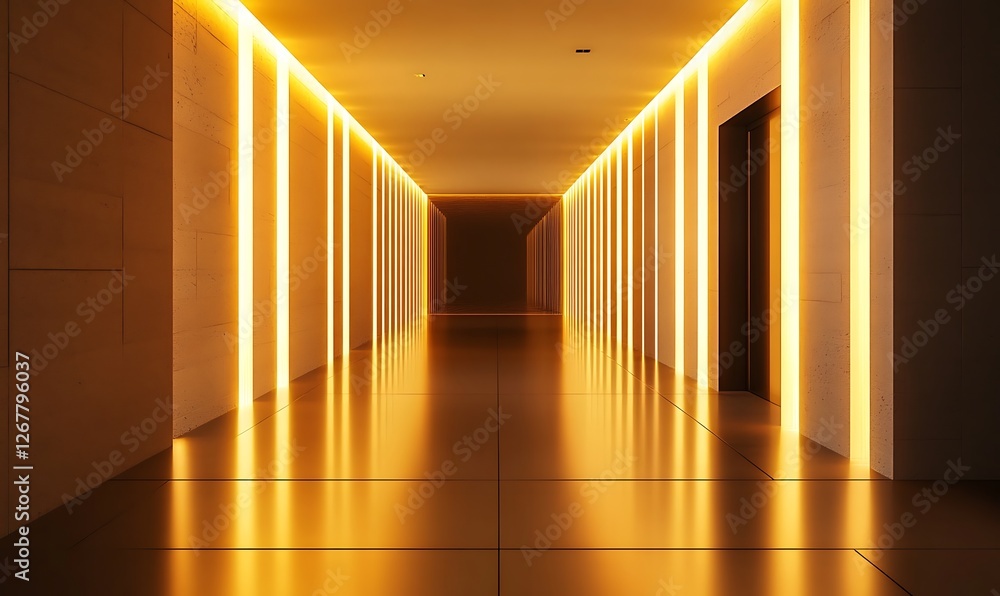 Poster a modern, illuminated corridor with warm lighting creating a minimalist atmosphere. empty hallway in