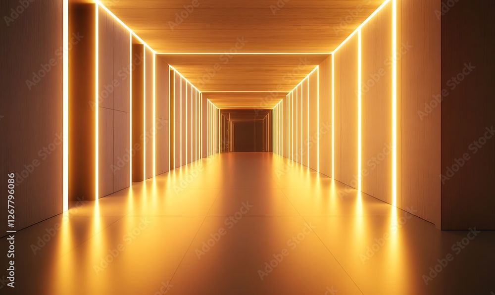 Poster a modern, illuminated corridor with warm lighting creating a minimalist atmosphere. empty hallway in