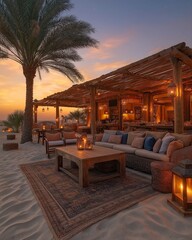 Fototapeta premium Cozy beachside lounge in Dubai at sunset featuring palm trees, comfortable seating, and warm lights. Concept showcases Dubai's unique blend of relaxation and luxury in serene environment.