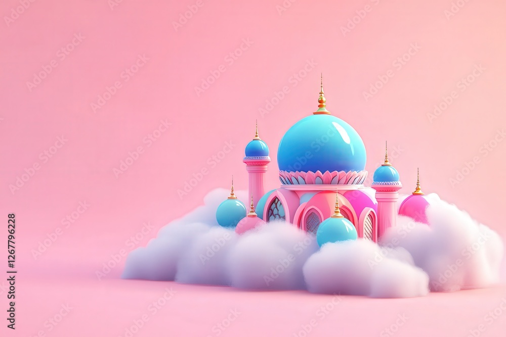 Fototapete enchanting 3d render of a miniature mosque floating among fluffy clouds and crescent moon