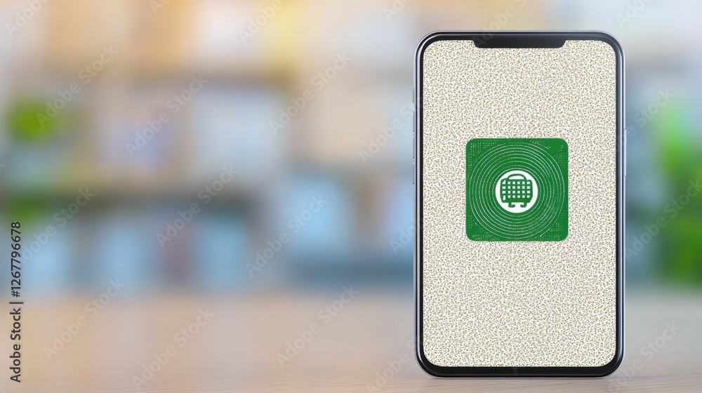 Poster a smartphone displaying a green globe icon on a textured background.