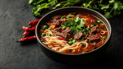 An appetizing bowl of beef noodle soup filled with fresh ingredients, spices, and vibrant colors that create a comforting and satisfying meal, perfect for any occasion.