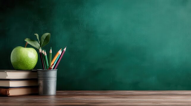 A vibrant green apple sits next to colorful pencils in a metal holder, with stacked books on a wooden desk, evoking a school or learning atmosphere.