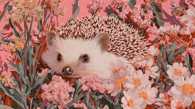 Illustration of a hedgehog in a field of pink and orange flowers. the hedgehog is facing towards the right side of the image, with its head slightly tilted to the left.