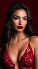 Fototapeta premium A captivating portrait of a young woman with long dark hair, wearing a red lace top. The rich red tones and soft lighting create a sensual and glamorous mood.