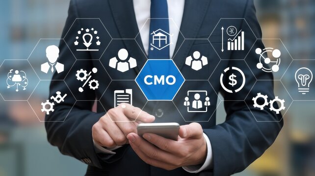 Businessperson interacts with chief marketing officer technology on smartphone