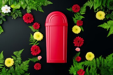 Red Postbox with Floral Frame - A vibrant red postbox is beautifully framed by a variety of colorful flowers and lush green ferns against a stark black background