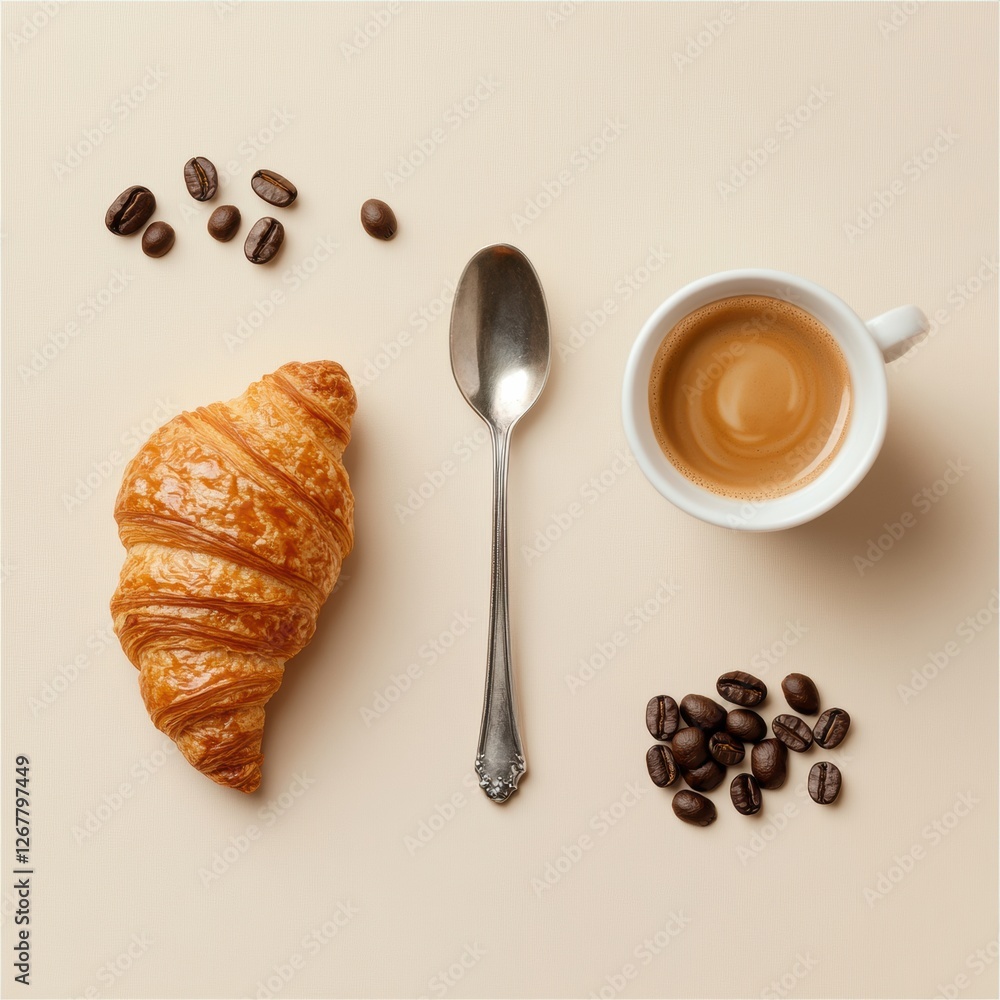 Poster enjoying a morning coffee with a fresh croissant and roasted beans on a light background during brea
