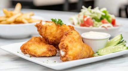 Indulgent Fried Chicken Meal Platter with Crispy Wings and Colorful Side Salad - Perfect Comfort Food Photography