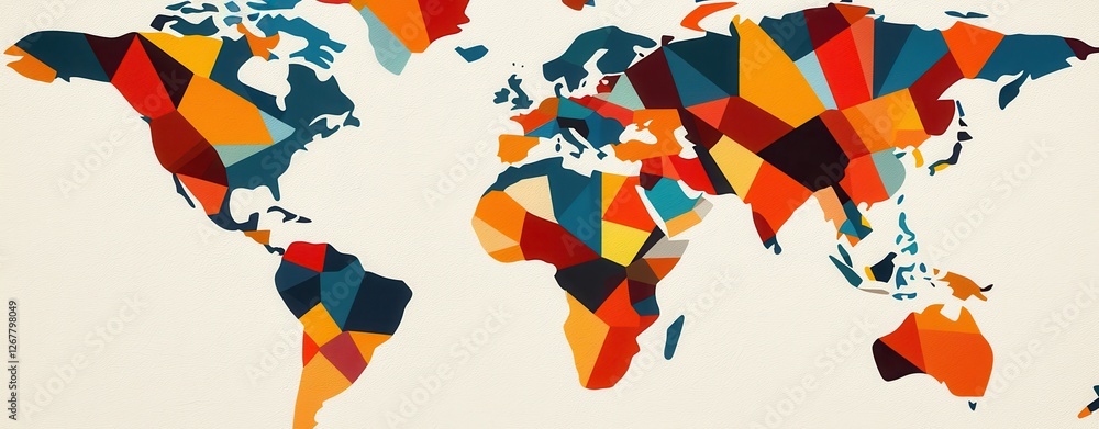 Poster a colorful world map featuring geometric patterns and vibrant colors, illustrating different regions