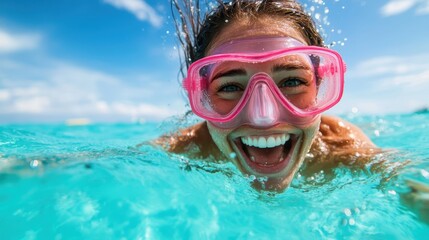 Naklejka premium A cheerful girl riding azure waves while surfing, displaying sheer joy and excitement, perfectly capturing the thrill of adventure in a sunny seaside paradise.