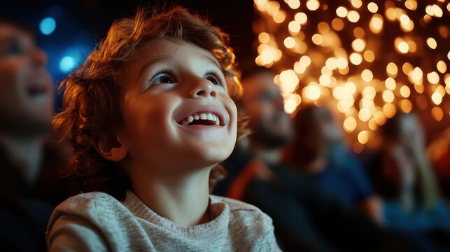 This image captures a child's joyful expression during a movie, showcasing the magic of storytelling in a theater filled with vibrant lights and entranced viewers.