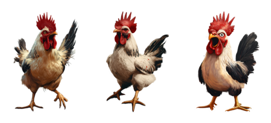 Set of various art of an angry chicken stomping around isolated on transparent background.