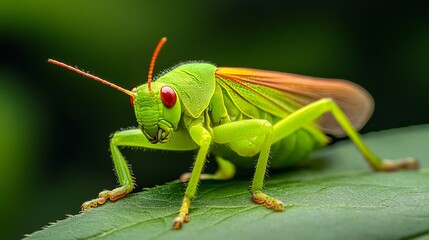 Fototapeta premium Vibrant green grasshopper with striking red eyes perched on a lush green leaf.