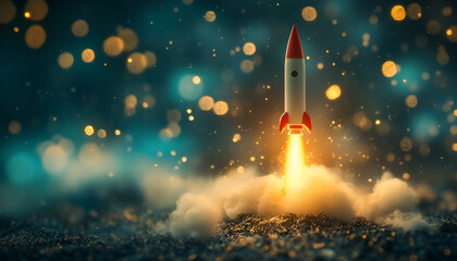 Fototapeta premium Rocket launch into dreamy sky with starry background