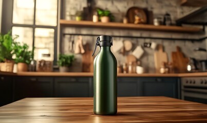 A green metal water bottle on a wooden table in a cozy kitchen setting .Healthy nutrition, dietetics.