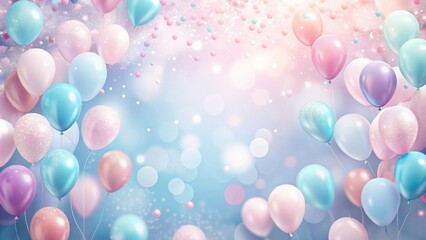 A festive background of pastel balloons and glitter confetti, perfect for celebrations and joyful occasions.