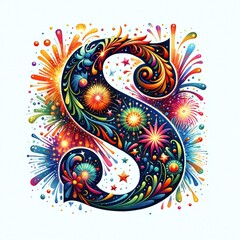 Letter S with Fireworks: A vibrant and whimsical illustration of the letter "S" adorned with exploding fireworks, stars, and swirling floral patterns.