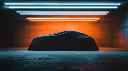 A covered car stands under vibrant neon lights, creating a mysterious ambiance.