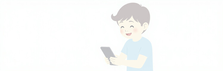 Young Boy Smiling Happily As He Plays With His Smartphone On A Clean And Simple White Background. 00002