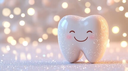 Fototapeta premium Smiling tooth cartoon icon on a light pastel background with glowing sparkles and large copy space in white or light blue