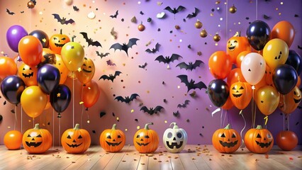 A festive Halloween scene with orange and black balloons, jack-o'-lantern pumpkins, and bats decorating a purple and orange background.