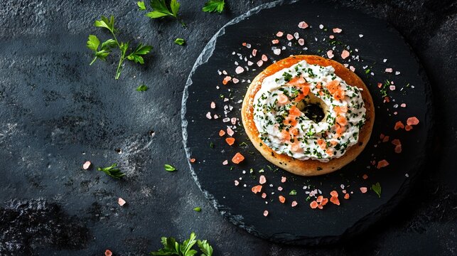 A top-down view of a gourmet-style mini bagel with whipped herb cream cheese, sprinkled with pink Himalayan salt, placed on a dark stone plate - Powered by Adobe