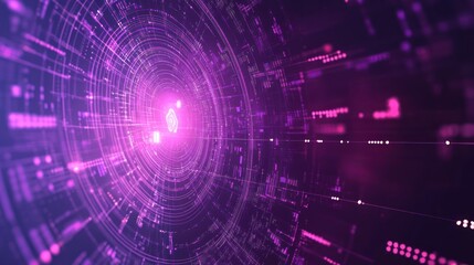 Fototapeta premium Abstract purple digital tunnel with glowing lines and data.