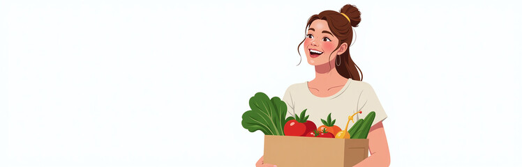 Young Woman Smiles While Holding A Shopping Bag Filled With Fresh Vegetables Against A Pure White Isolated Background. 00002