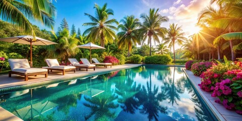 A tranquil swimming pool nestled amidst lush greenery and vibrant blossoms, reflecting the brilliance of a golden sunrise