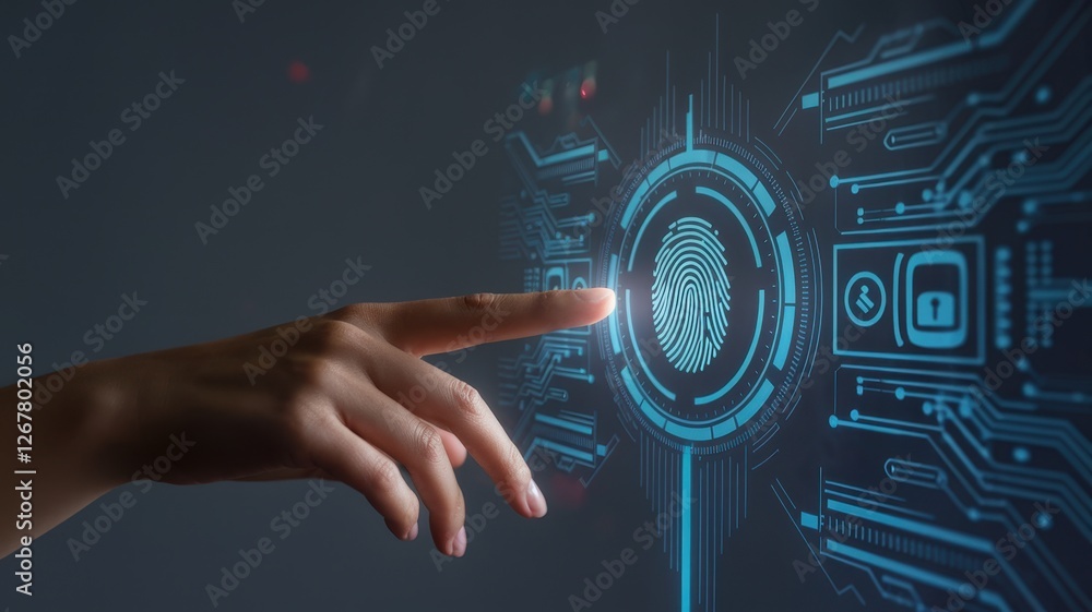 Poster hand touching a futuristic biometric fingerprint scanner for secure access