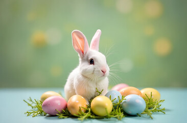 Cute Easter card with rabbit and eggs. Postcard with an Easter bunny. Space for the text. Easter Day. Selective focus.