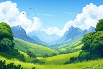 Fototapeta premium Serene Mountain Valley Landscape - Picturesque valley nestled amongst rolling green hills and majestic blue mountains under a bright sunny sky