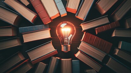 An illuminated light bulb surrounded by vintage books, symbolizing knowledge and ideas.