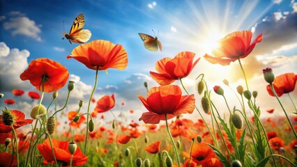 Obraz premium A field of red poppies bathed in the golden rays of the setting sun, with delicate butterflies flitting among the vibrant blooms.