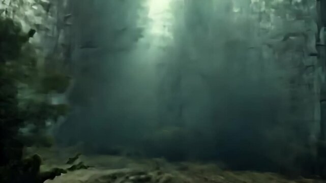 Nightmarish POV rush through ominous forest. Twisted branches and dark shadows create supernatural horror atmosphere, perfect for haunting thriller sequences. Raw fear and primal survival instincts.
