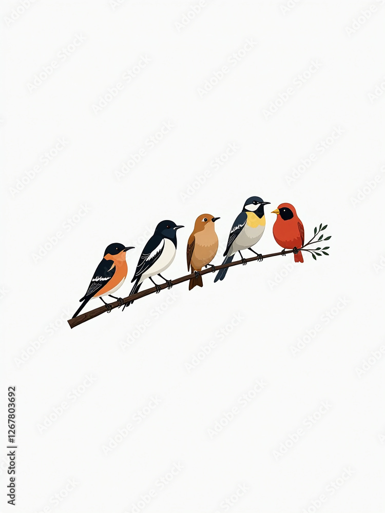 Poster a collection of various bird species is perched on a single branch against a clean and minimalist wh