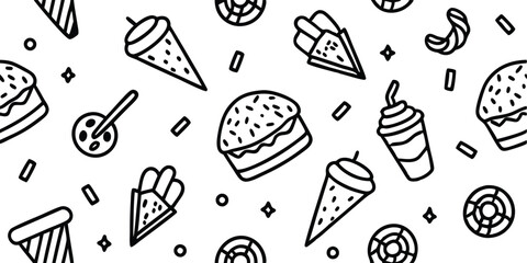 Set of Food Icon line Art Vector Drawing Ppattern Illustration Background.	