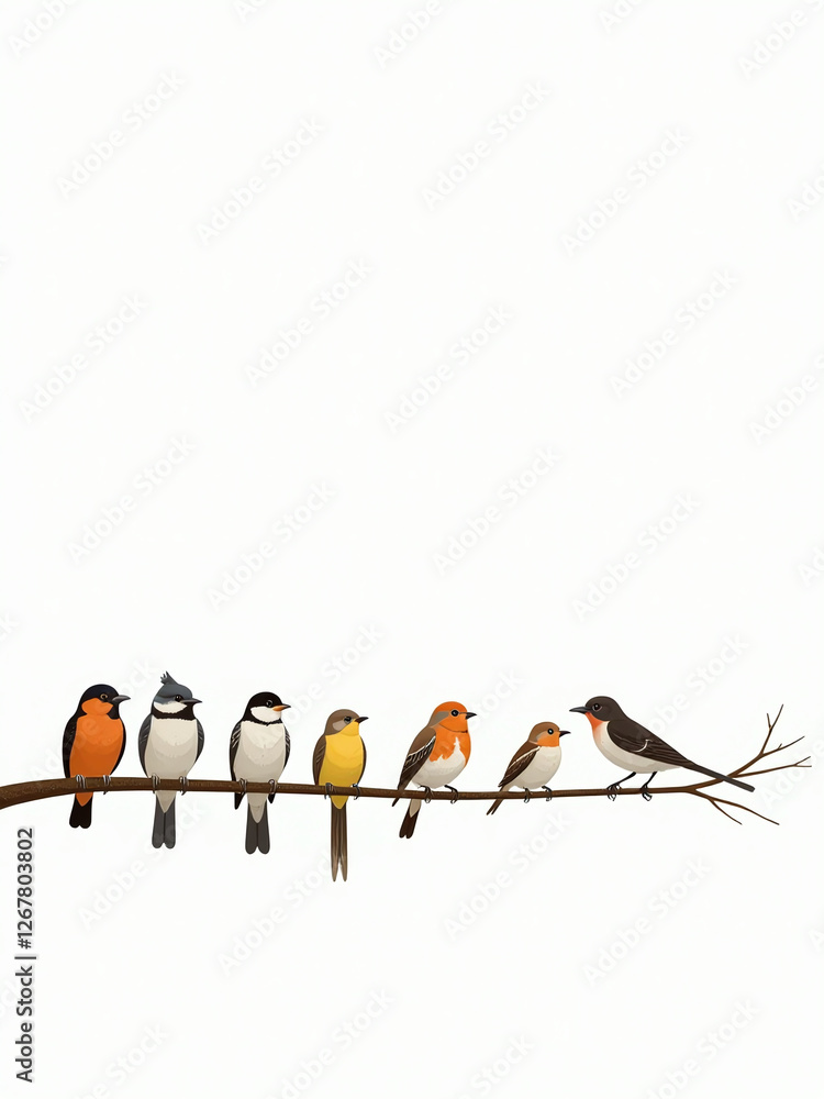 Poster a collection of various bird species is perched on a single branch against a clean and minimalist wh