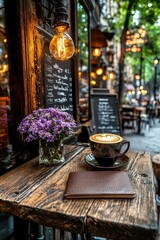 Digital nomad and remote work trends, Cozy Café Scene with Coffee, Notebook, and Floral Arrangement in Soft Evening Light