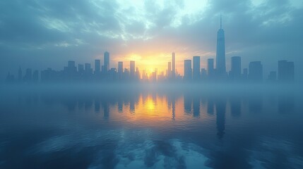 A misty city skyline at sunrise reflecting on calm waters.