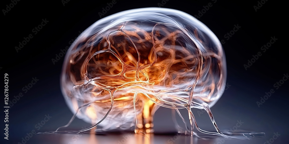 Poster futuristic transparent brain with glowing neural connections and intricate wiring