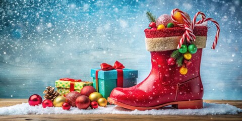 A festive red boot overflowing with colorful ornaments and candy canes, nestled amidst wrapped gifts and a snowy winter wonderland.