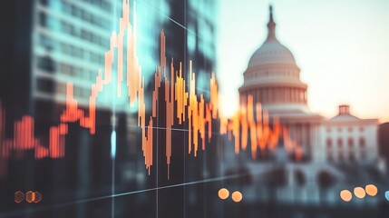 Modern city skyline with financial data overlay and government building.