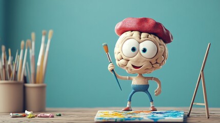 A cartoon brain character wearing a beret and holding a paintbrush, standing beside an easel and paint supplies in a vibrant, artistic setting.