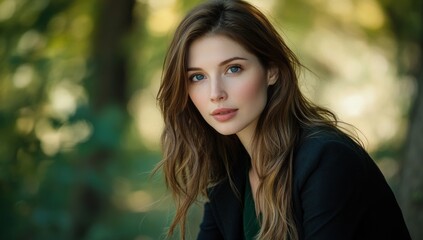 Naklejka premium Stunning Portrait of a Young Woman with Long Brown Hair in a Forest Setting